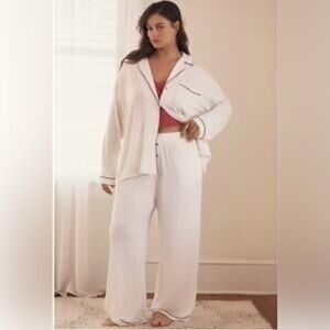 Anthropologie Button Front L/S White Pink Trim Pajama Set Wide Leg ModaLux Sz S
